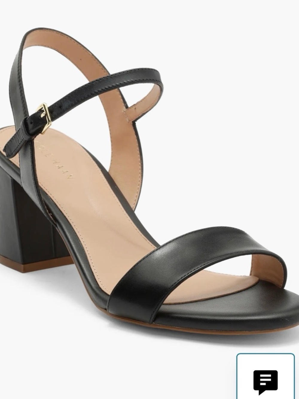 Cole Haan Black Leather Block Heel Sandal with Gold Buckle